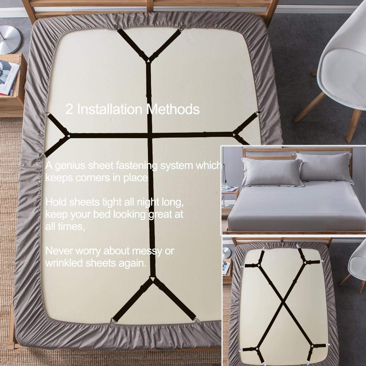 Bed Sheet Holder Straps - Sheet Straps Adjustable Bed Sheet Clips Fasteners Keep Sheets Stays in Place,2Pcs/Set Black