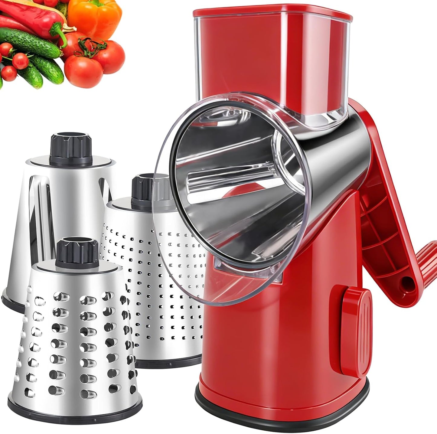 Weltonhm 4 in 1 Large Rotary Cheese Grater Hand Crank (black, 3 Graters) | Cheese Shredder Rotary and Slicer with 4 Stainless Steel Blades for Vegetables, Veggie and Cheese, Stronger Suction Base