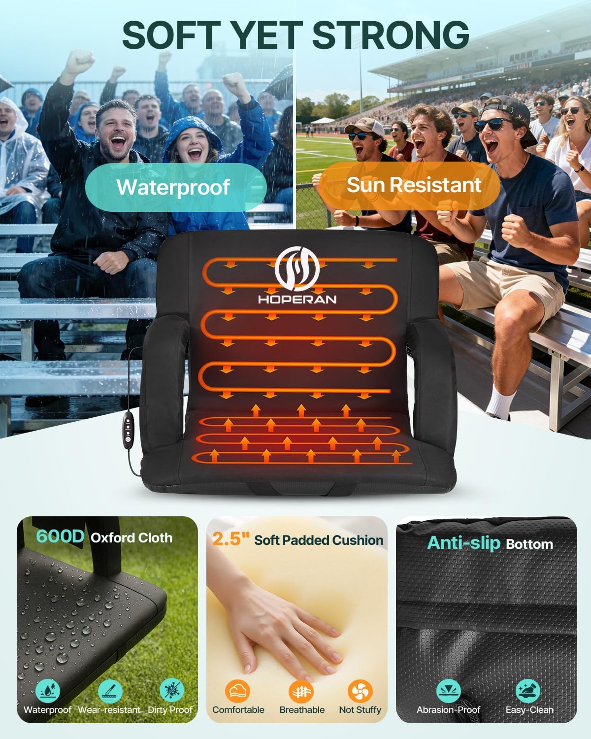 HOPERAN 21" Heated Stadium Seats for Bleachers with Back Support, Black 2PC | Seat & Back Heat Wired Control, 3 Heat Levels (NO Battery), Soft Cushion, 6 Recline, Anti-Slip, Side Pockets, Backpack Straps