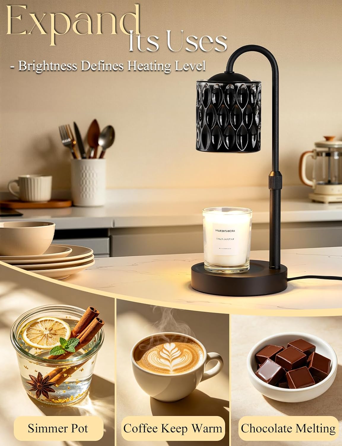 Briever Dimmable Candle Warmer Lamp with Timer, Height Adjustable Electric Candle Wax Warmer, Christmas Birthday Gifts for Women Mom, House Warming Gifts New Home Room Decor, Black Solid Wood Base