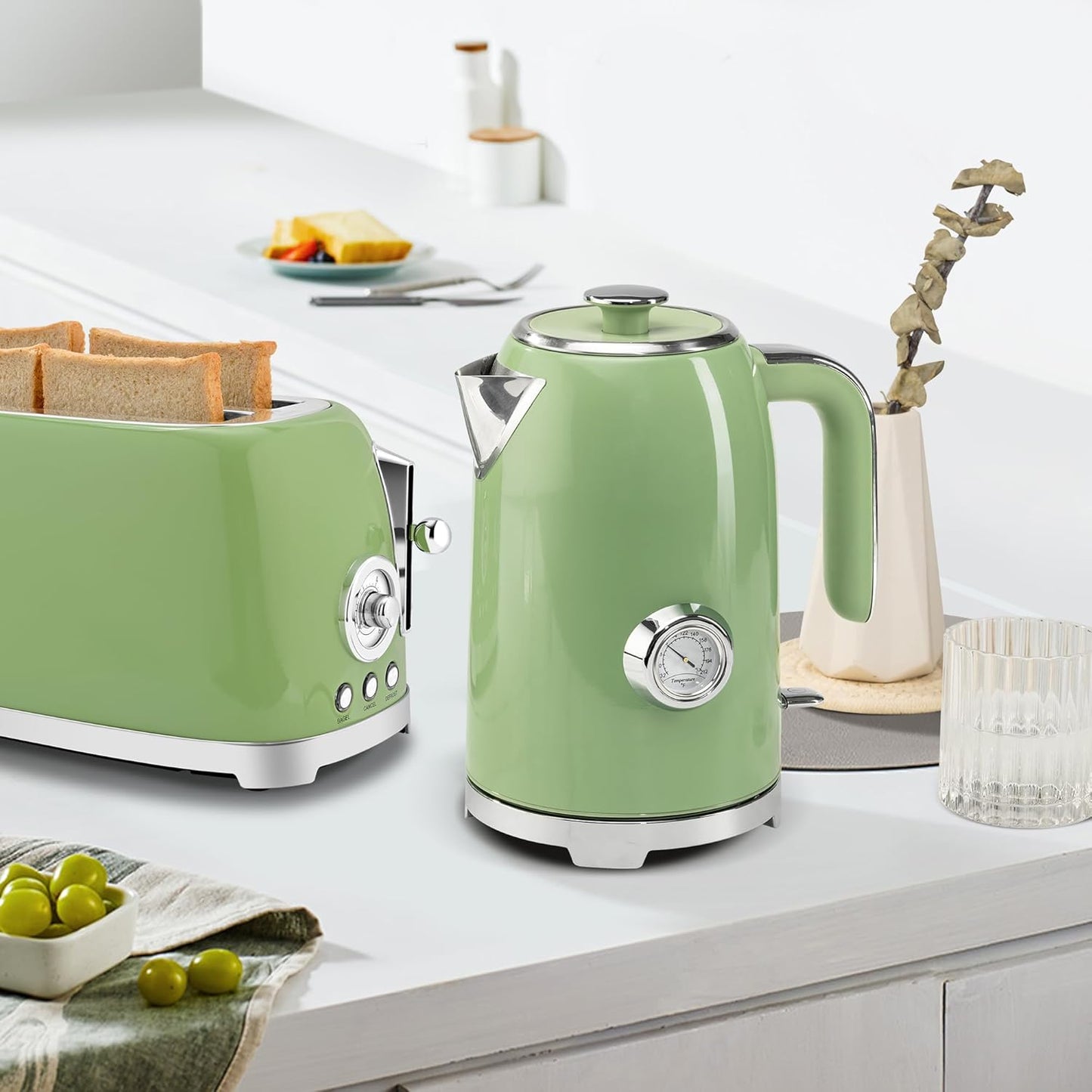 SUSTEAS 57oz Electric Kettle with Thermometer, Hot Water Pot, Retro Green | Electric Tea Kettle for Boiling Water, 1500W Stainless Steel Pot, Cordless LED Indicator, Auto Shut-Off & Boil Dry Protection