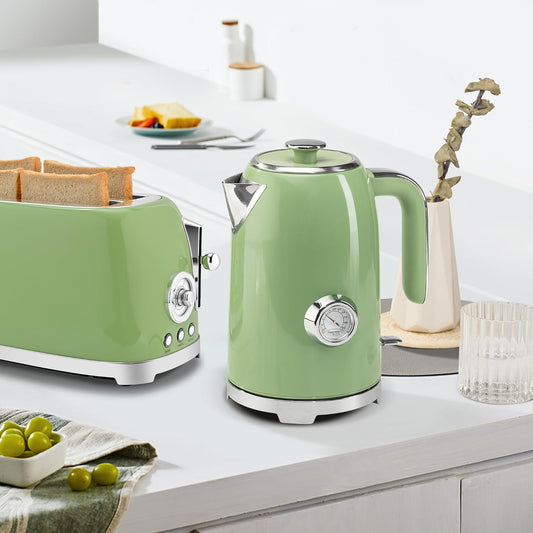SUSTEAS 57oz Electric Kettle with Thermometer, Hot Water Pot, Retro Green | Electric Tea Kettle for Boiling Water, 1500W Stainless Steel Pot, Cordless LED Indicator, Auto Shut-Off & Boil Dry Protection