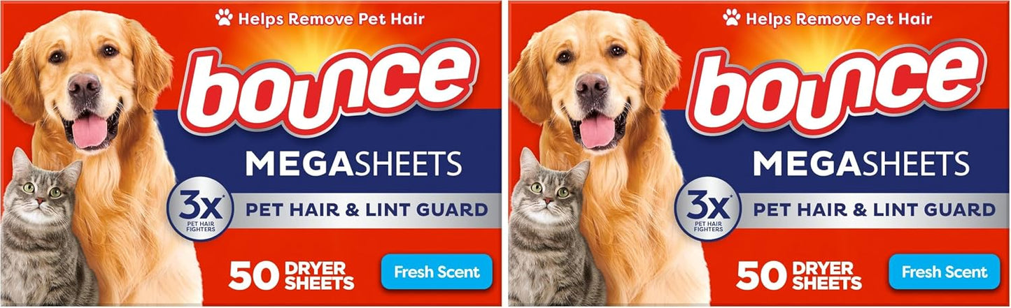 Bounce Pet Hair and Lint Guard Mega Dryer Sheets with 3X Pet Hair Fighters, Fresh Scent, 180 Count