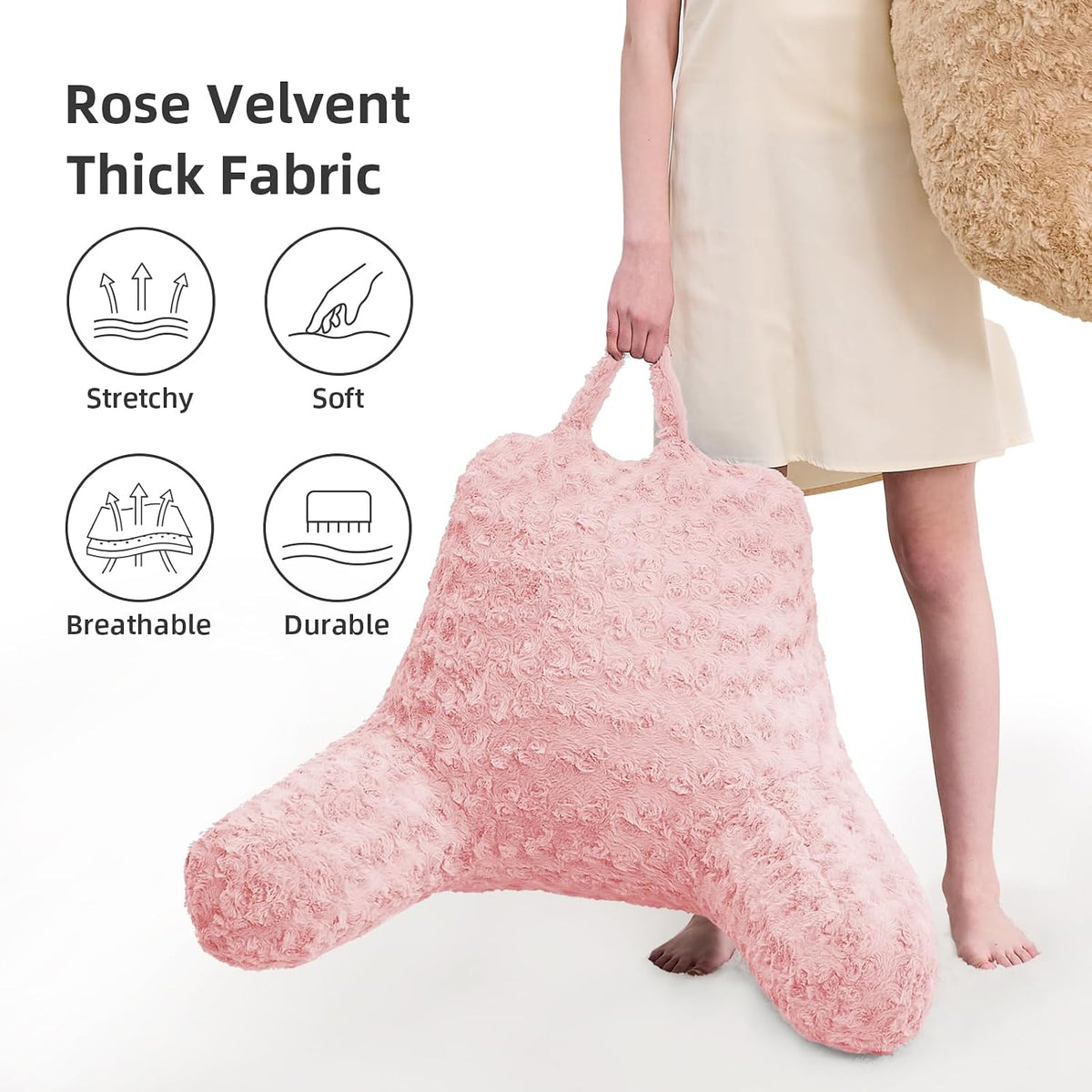 Reading Pillow, Rose Velvet Back Pillow with Arms for Bed Sitting Up, Bed Pillow for Adult Children, Backrest Pillows with Washable Cover, Chair Pillow for Watching TV/Gaming/Relaxing (Pink)