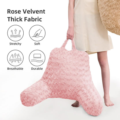 Reading Pillow, Rose Velvet Back Pillow with Arms for Bed Sitting Up, Bed Pillow for Adult Children, Backrest Pillows with Washable Cover, Chair Pillow for Watching TV/Gaming/Relaxing (Pink)