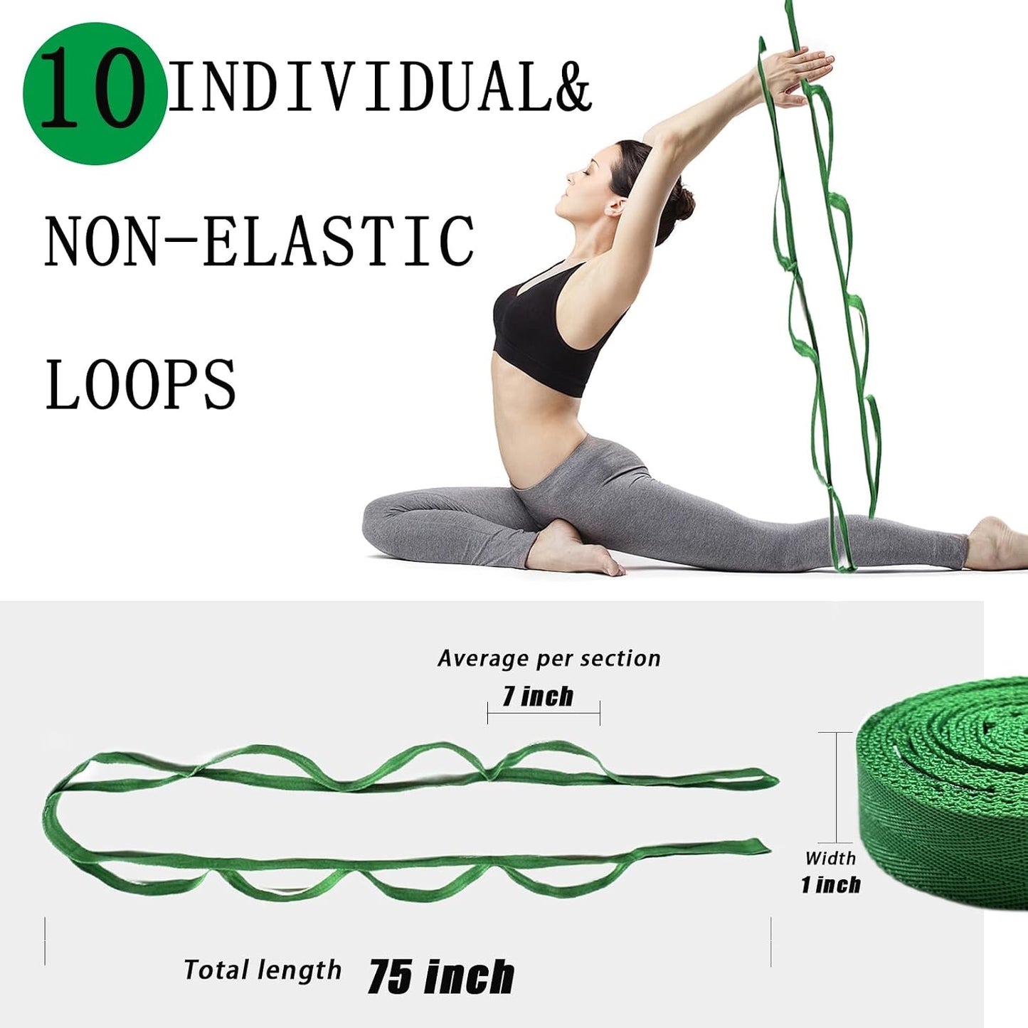 Stretching Strap Yoga Strap with Loops for Physical Therapy, Non-Elastic | 10 Loops, 75 inches length, Multi-Color Selection for Yoga Strap for Stretching, Pilates, Dance and Gymnastics