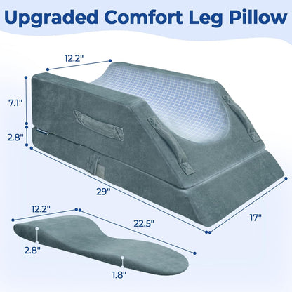 KingPavonini 4-Height Adjustable Leg Elevation Pillows for After Surgery | Soft Yet Supportive Memory Foam, Fits Various Heights, Relieve Pain & Swelling, 4 Handles & Insert Pad, Washable Velvet Cover