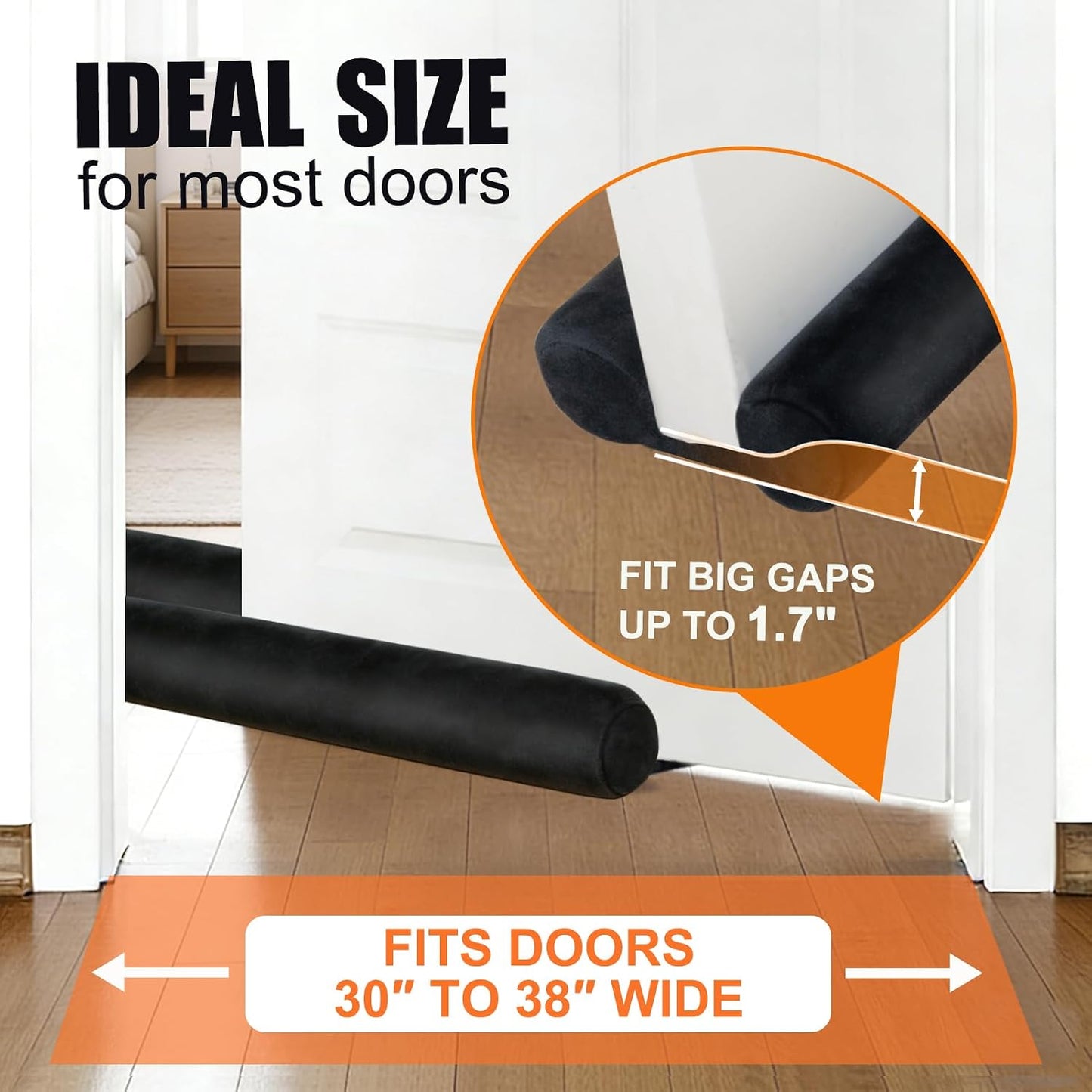 Under Door Draft Stopper 30-38" Adjustable Wind Stopper for Door & Window, Foam Door Sweep Air & Noise Blocker for Bottom of Doors Double Side Seal - Black