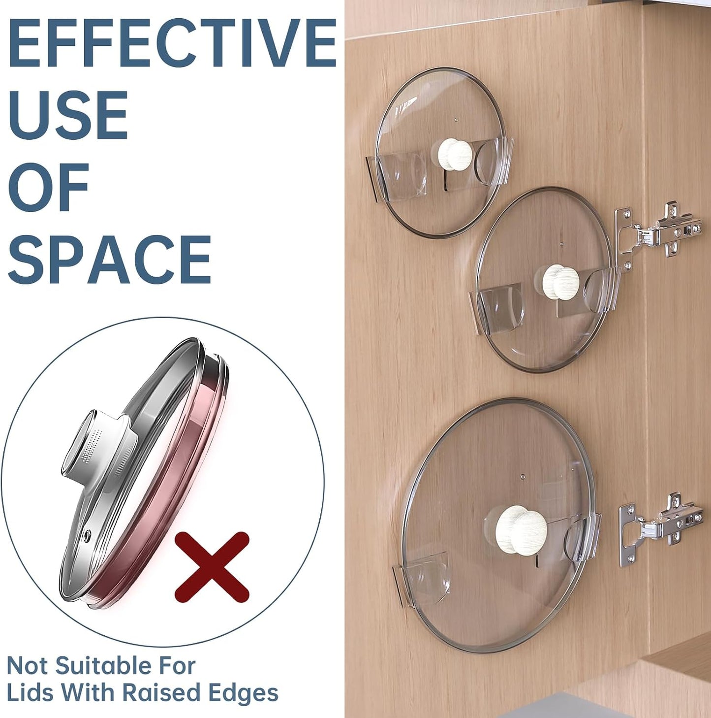 NiHome 6 Pcs Wall-Mounted Acrylic Pot Lid Organizer with Advanced Nano-Gel Adhesive, Pot Lid Holder with Elegant Transparent Design, Fits 6" to 14", No-Tool Installation and Clean Removal