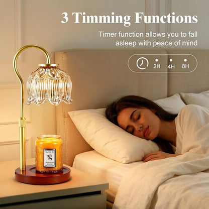 Dreamholder Electric Candle Warmer Lamp with Timer, Dimmable Candle Lamp with Adjustable Height, Wax Melter for Jar Candles Wood Base Floral Home Decor Gifts for Women Mom, Silver Glass