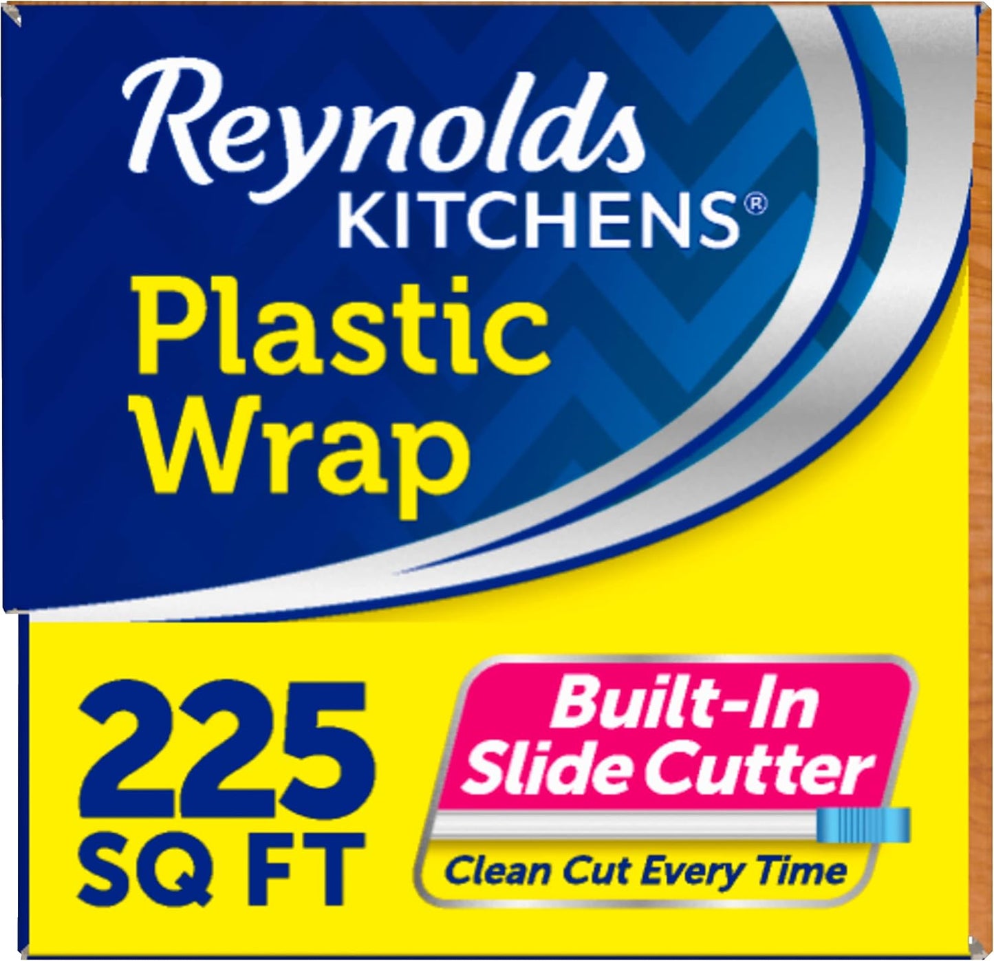 Reynolds Kitchens Clear Plastic Wrap, Built-In Slide Cutter, 225sq ft | Plastic Cling Wrap for Food Storage, Seals in Freshness, Clean Cut Every Time, Ideal For Leftovers, BPA-Free, 12 in x 225 ft