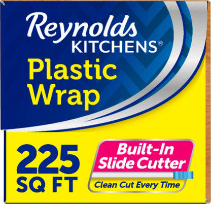 Reynolds Kitchens Clear Plastic Wrap, Built-In Slide Cutter, 225sq ft | Plastic Cling Wrap for Food Storage, Seals in Freshness, Clean Cut Every Time, Ideal For Leftovers, BPA-Free, 12 in x 225 ft