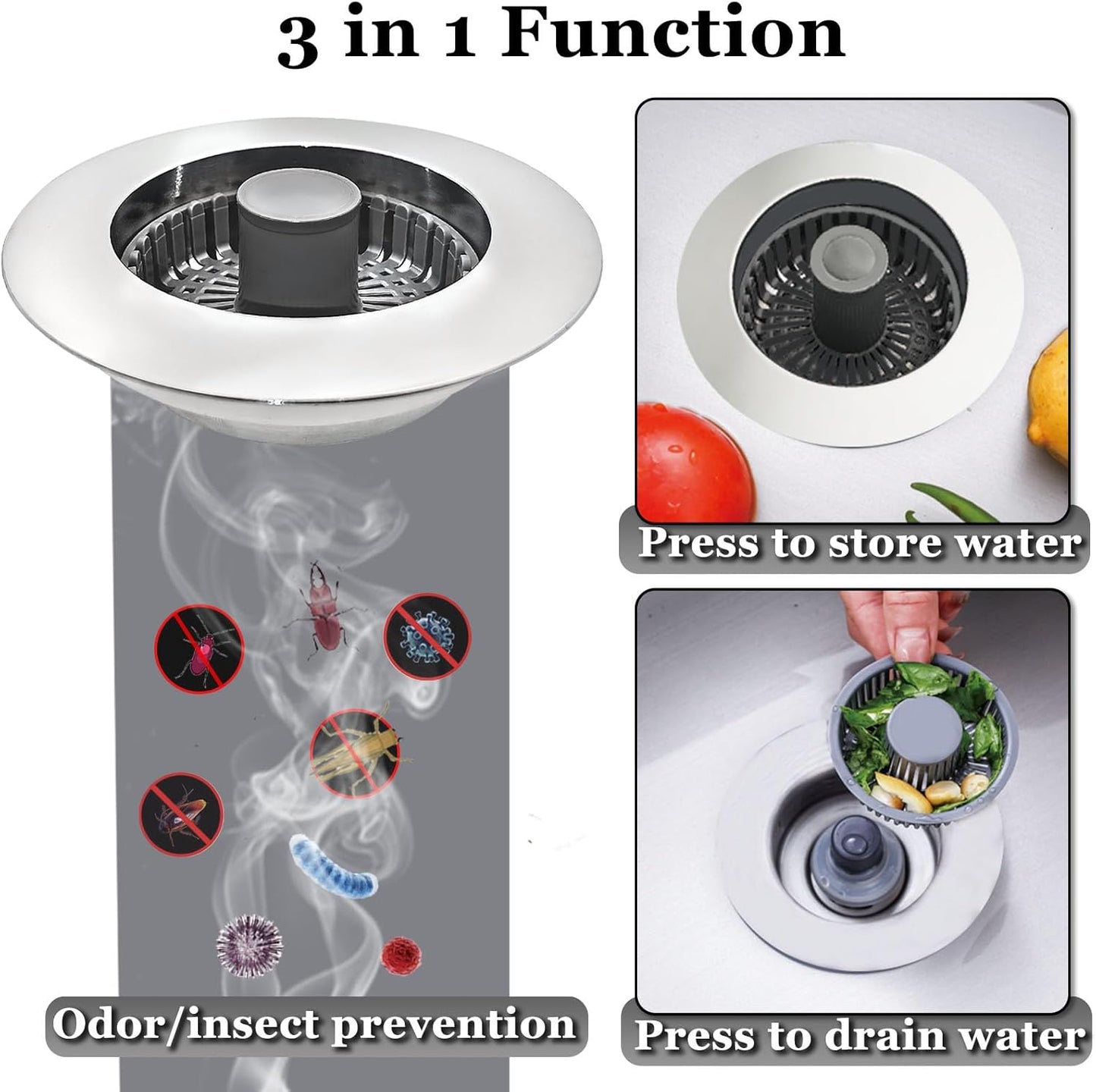 BAOLSLS 3 in 1 Kitchen Sink Stopper, Pop Up Kitchen Sink Drain Strainer | with An Extra Basket Strainer, Kitchen Sink Drain Stopper for US Standard 3-1/2 Inch, Chrome Silver