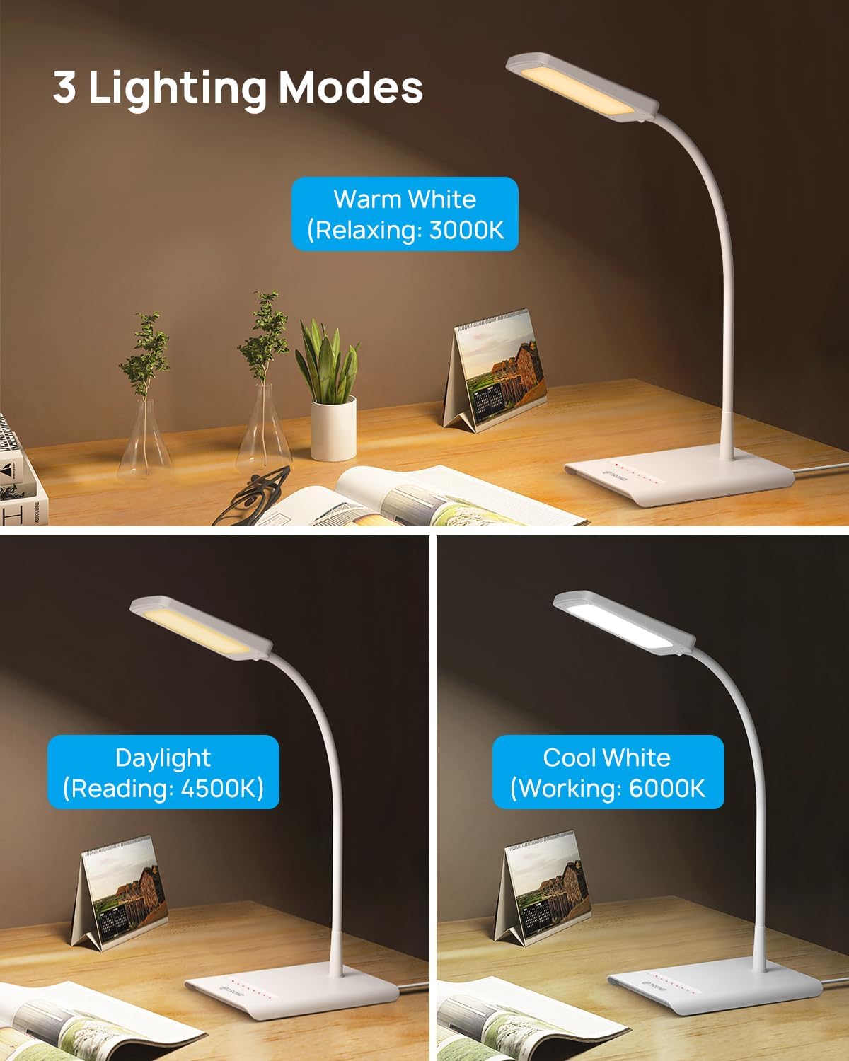 TROND Desk Lamp, Dimmable Eye-Caring Table Lamp, Memory Function, Black | 3 Color Modes 7 Brightness Levels, Flexible Gooseneck, Touch Control, Desk Light for Home Office Dorm Room Essentials