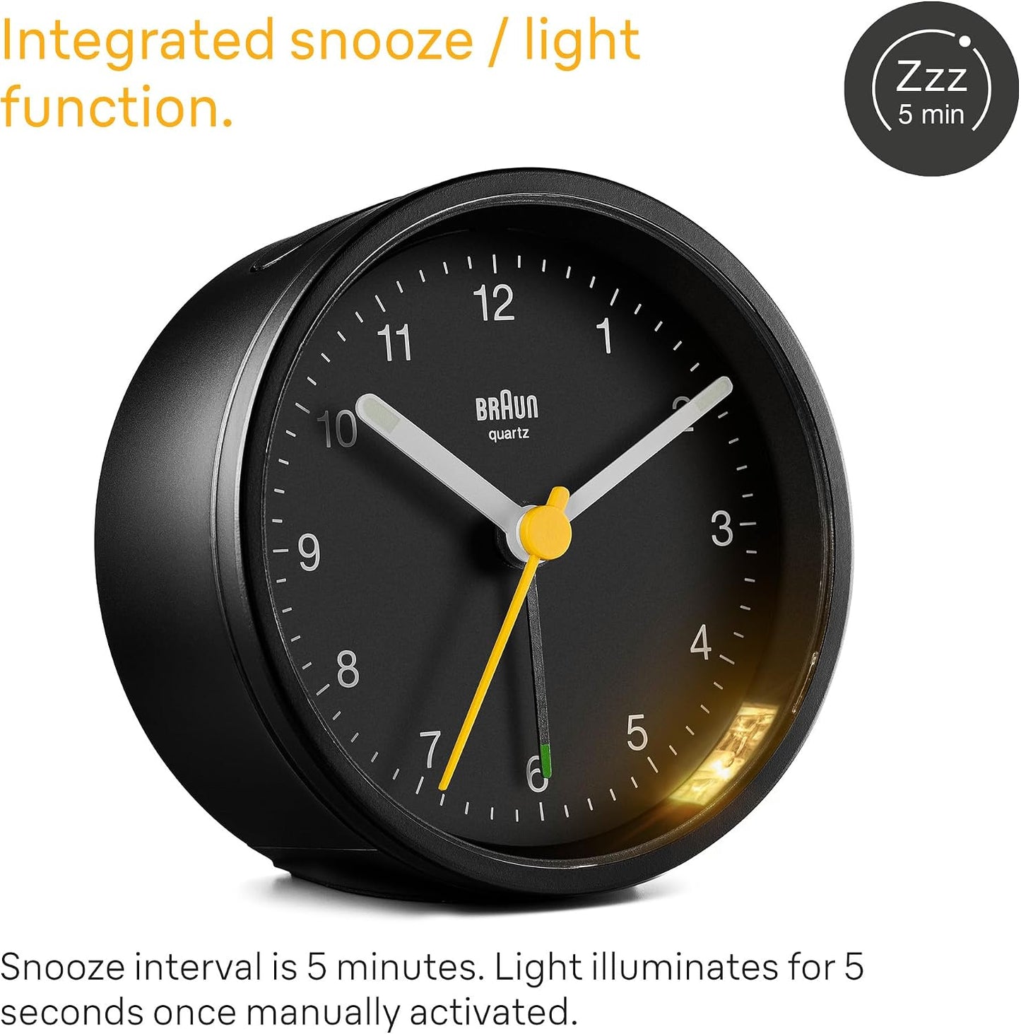 Braun Classic Analogue Alarm Clock with Snooze and Light, Quiet Quartz Movement, Crescendo Beep Alarm in Black, Model BC12B.
