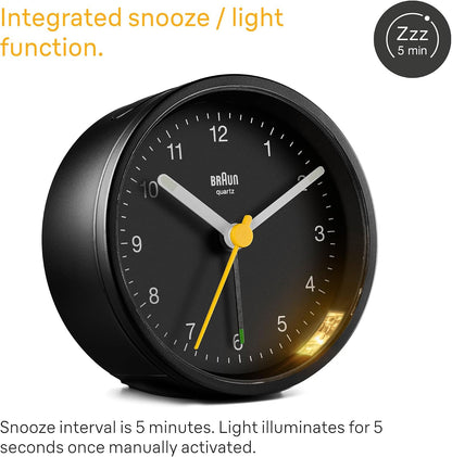 Braun Classic Analogue Alarm Clock with Snooze and Light, Quiet Quartz Movement, Crescendo Beep Alarm in Black, Model BC12B.