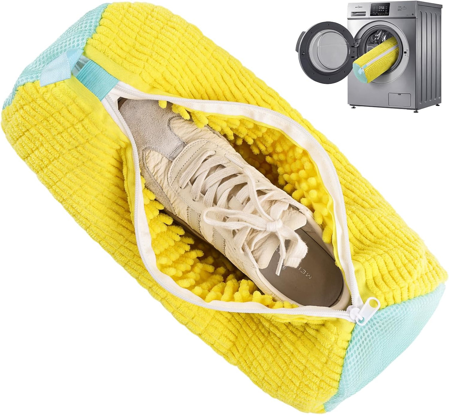 Shoe Washing Machine Bag Reusable Sneaker Washing Bag with Built-in Fluffy Brushes for 360° All-Around Cleaning, Laundry Shoe Bag is Designed for Washer and Dryer （Yellow 2pcs）