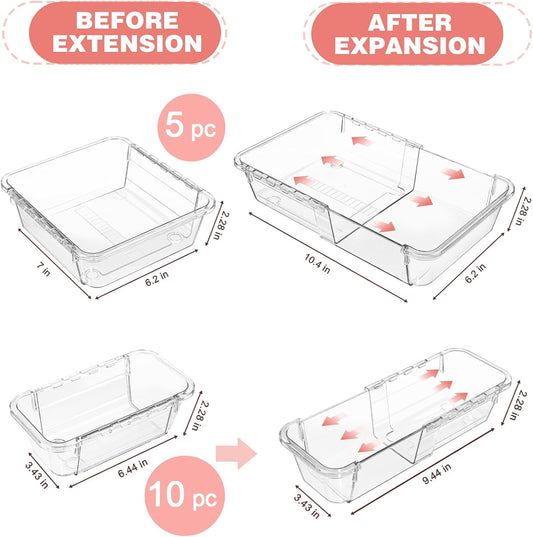 15 Pcs Expandable Drawer Organizer, All Adjustable Storage Box, Clear | 2-Size Vanity Drawer Organizer, Acrylic Storage Bins for Makeup, Cosmetic, Bedroom Dressers Tool Organizer for Gadgets