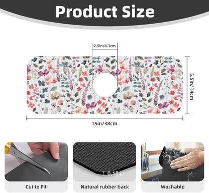 Abstract Flower Blooming Floral Watercolor Kitchen Sink Splash Guard Faucet Mat Super Absorbent Fast Drying Mat Sink Gadgets-Fast Drying Pad Sink Mat For Kitchen Bathroom (15" X 5.5" )