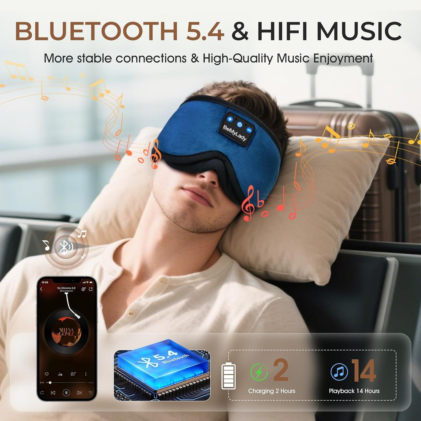 3D Bamboo Cotton Sleep Mask with Bluetooth 5.4 Headphone, Music Wireless Bluetooth Blackout Eye Mask for Side Sleepers, Earphones HD Speaker Microphone for Travel, Gifts for Women Men, Grey