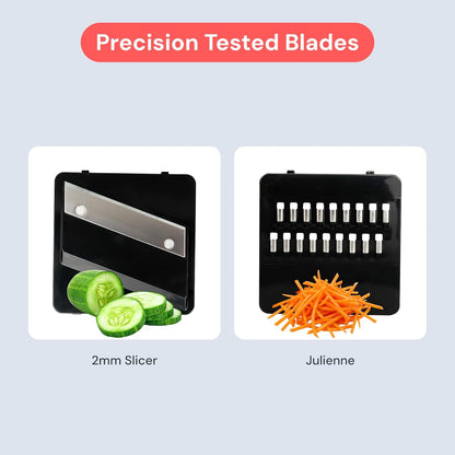Fullstar Essential Mandoline Vegetable Slicer & Julienne Cutter | 4 in 1 Compact Fruit Cutter, Cucumber Slicer & Cheese Grater, with Stainless Steel Blades, Guard & 3-Cup Container (Black)