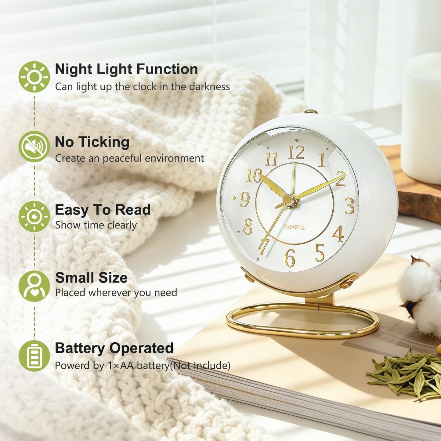 Analog Alarm Clock, Retro Small Desk Clock with Night Light, Backlight Cute Simple Design, Silent Non-Ticking, Battery Powered, Clock for Bedroom,Travel,Kitchen,Bedside Desktop Decor