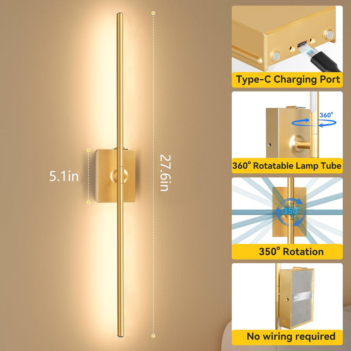 Battery Operated Wall Sconces Set of 2, Remote Control, 10000mAh, Black