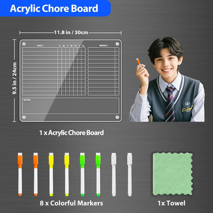PigPotParty Acrylic Magnetic Chore Chart for Kids, 12x9.5 Inch, 2 Pack | Sleek Clear Acrylic Design, Reward System Builds Habits, Built-In Magnets Require No Installation, 8 Wet-Erase Markers