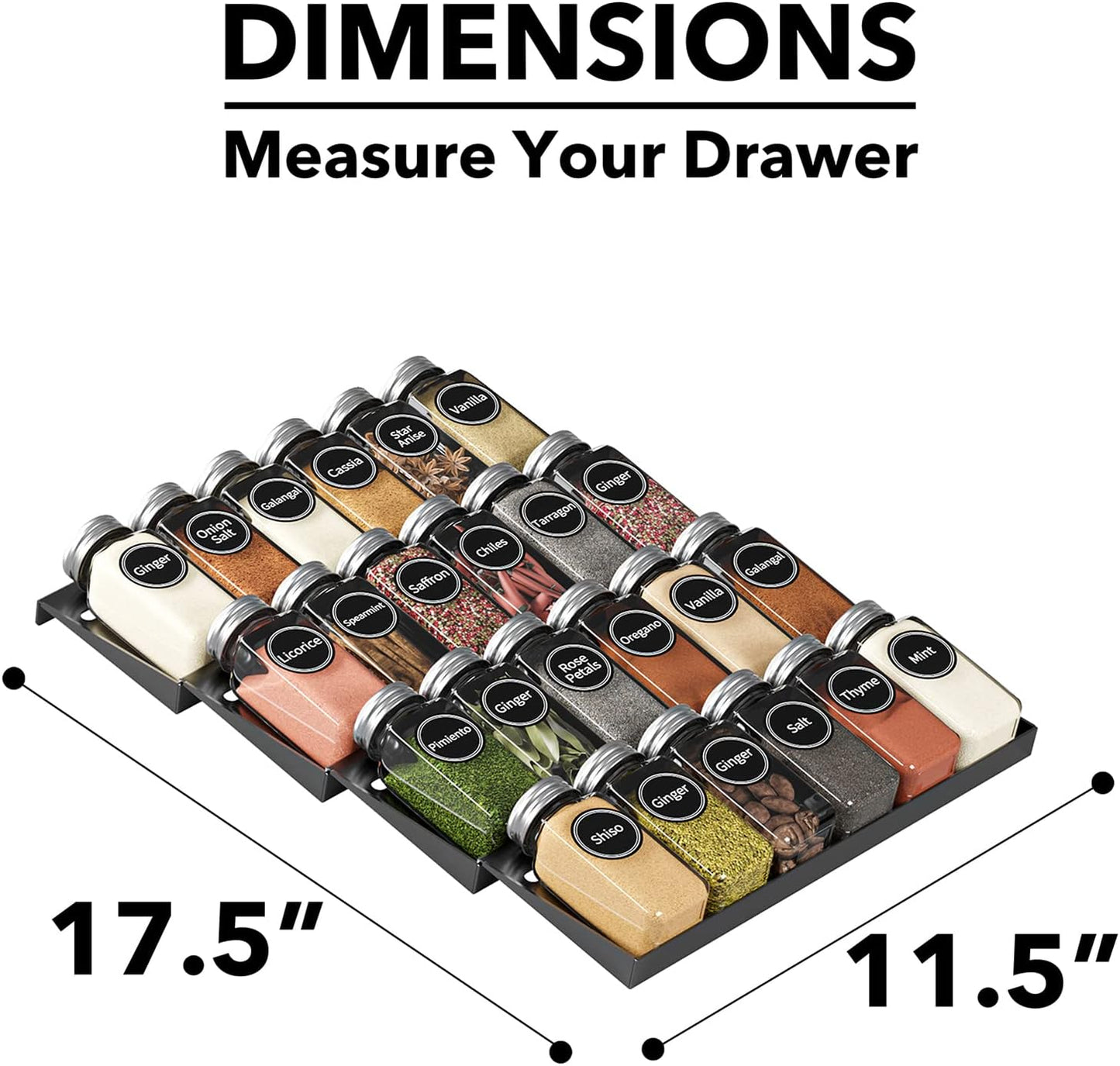 SpaceAid Spice Drawer Organizer with 28 Spice Jars, 386 Spice Labels, 4 Tier Seasoning Rack Tray Insert for Kitchen Drawers, 13" Wide x 17.5" Deep