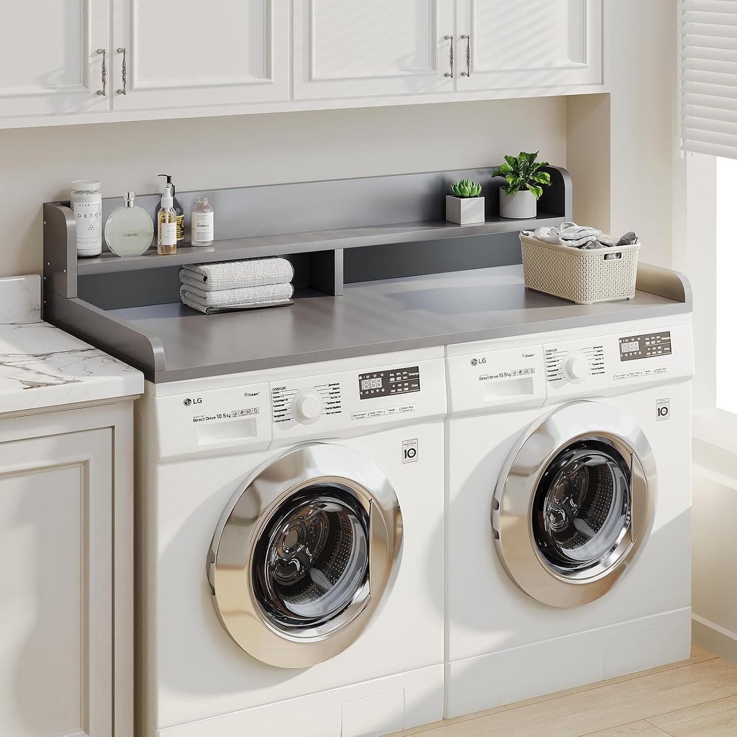2-Tier Washer Dryer Countertop with 2.75" H Edge Rails, 54" W x 27.55" D Laundry Countertop for Folding Clothes, Washer and Dryer Topper with Non-Slip Pad (Dark Walnut)