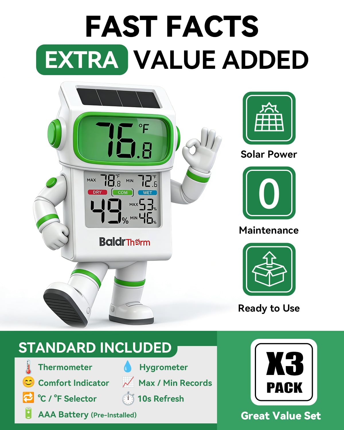 BALDR Solar Indoor Thermometer Hygrometer, Max/Min, Comfort Meter (White) | Solar & Battery Dual Power |No Setup or App Required |Clear Comfort Level Indicator |Flexible Desk or Wall Placement