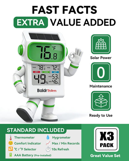 BALDR Solar Indoor Thermometer Hygrometer, Max/Min, Comfort Meter (White) | Solar & Battery Dual Power |No Setup or App Required |Clear Comfort Level Indicator |Flexible Desk or Wall Placement