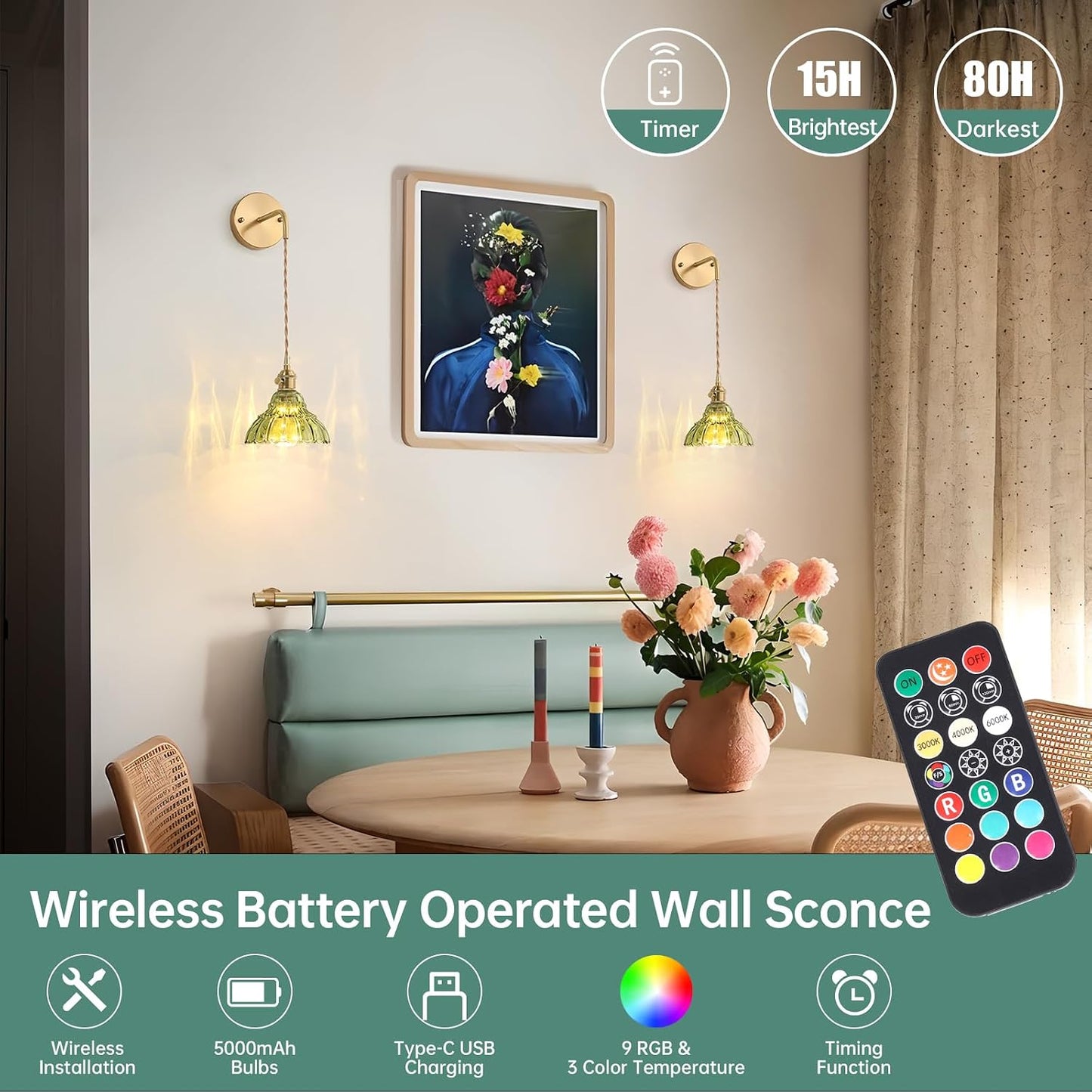 Shenmoyl Battery Operated Wall Sconce Wall Lamp with Green Lily of the Valley Shade Pattern Glass Adjustable Chain Retro Gold Wall Mounted Light, Modern Wall Lamp Fixtures Decor for Bedside Bedroom
