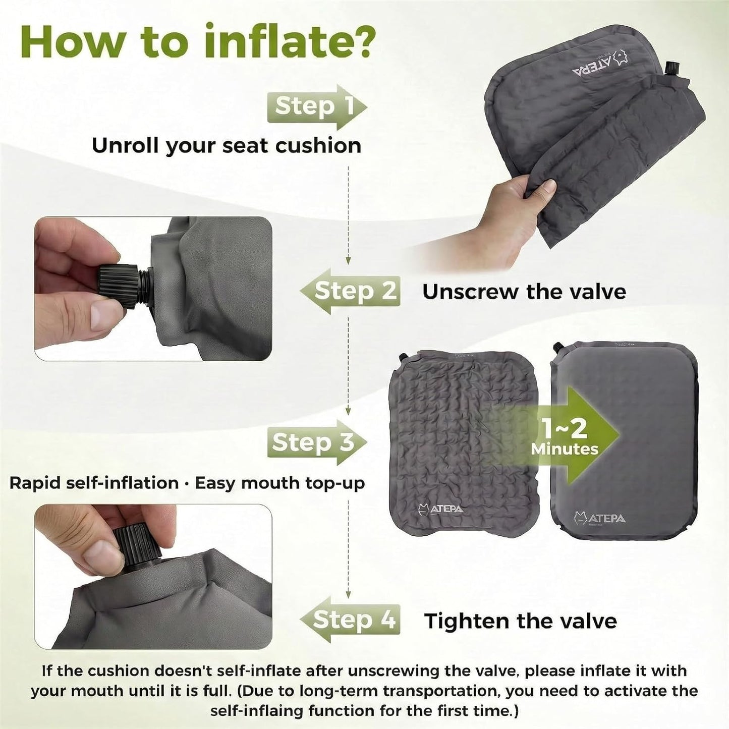 ATEPA Inflatable Seat Cushion | 2" & 2.5" foam core seat pad, Self inflating, Compact, Stadium, Airplane, Travel, Camping, Hiking, Sports events