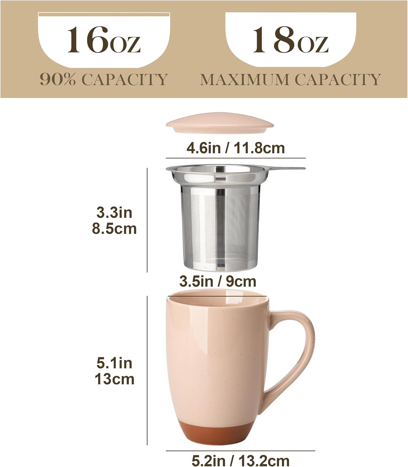 MALACASA Ceramic Tea Mug with Lid and Stainless Steel Infuser, 18 oz Large Tea Cup for Loose Leaf Tea, Heat-Resistant, Microwave & Dishwasher Safe, Speckled Glaze Coffee & Tea Brewer Mug, Khaki Brown