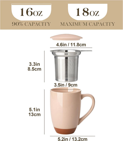 MALACASA Ceramic Tea Mug with Lid and Stainless Steel Infuser, 18 oz Large Tea Cup for Loose Leaf Tea, Heat-Resistant, Microwave & Dishwasher Safe, Speckled Glaze Coffee & Tea Brewer Mug, Khaki Brown