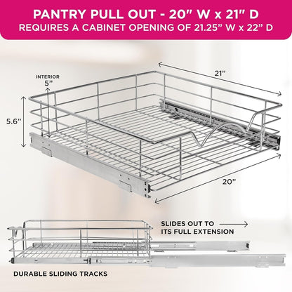 HOLDN’ STORAGE Pull Out Cabinet Organizer, Pantry Drawer, 14"W x 21"D x 5"H | Heavy-Duty Full-Extension, Roll Out Shelf for Pots, Pans & Under Sink Storage, Chrome, Require a 15.25"W Cabinet Opening
