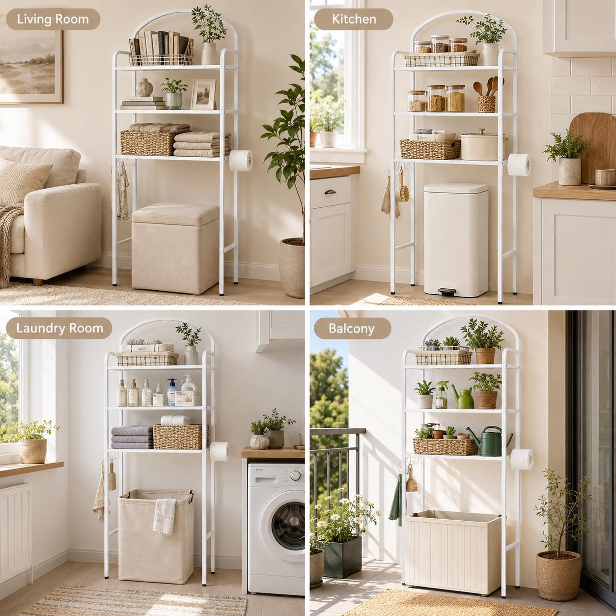 3 Tier Over The Toilet Storage Rack, Bathroom Organizer | Toilet Storage with 4 Hooks & Paper Holder, Space-Saving, Freestanding Bathroom Shelf, Metal, White
