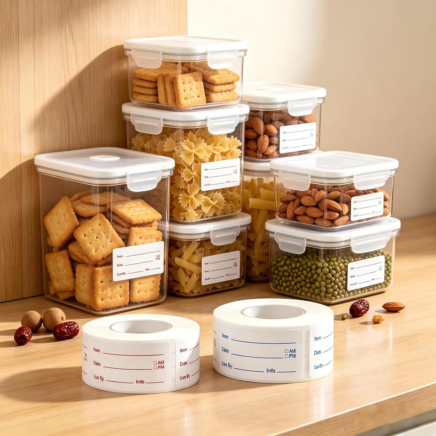 1000 PCS Food Labels for Food Containers with Wooden Holder | Keep food fresh and organized with easy to read labels for dates contents meal prep and freezer or pantry storage
