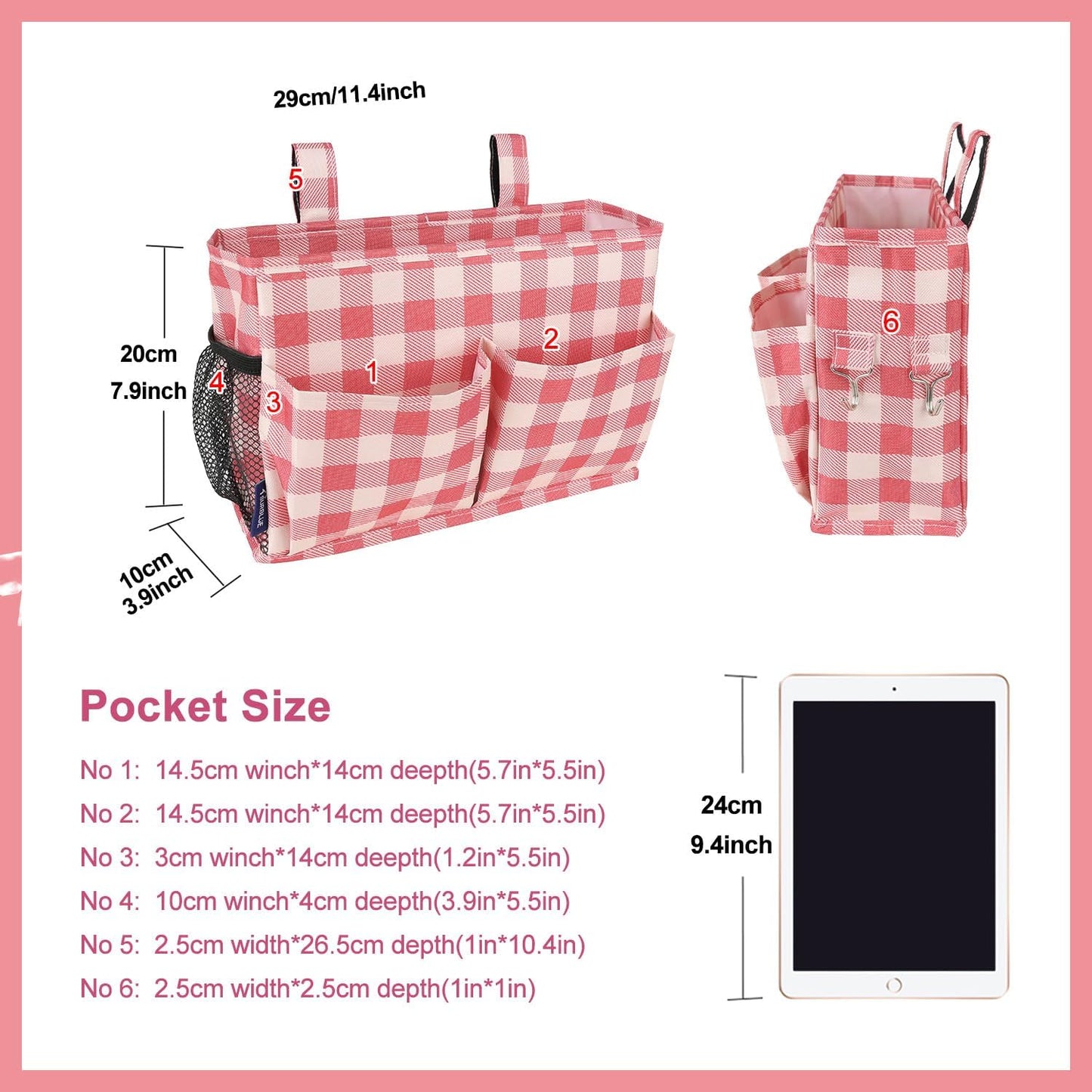 Surblue Bedside Caddy Hanging Organizer Storage Bag Pocket for Bunk, Hospital, College Dorm Rooms, Baby Bed Rails, Camp - 4 Pockets, 2 Hooks (Blue)