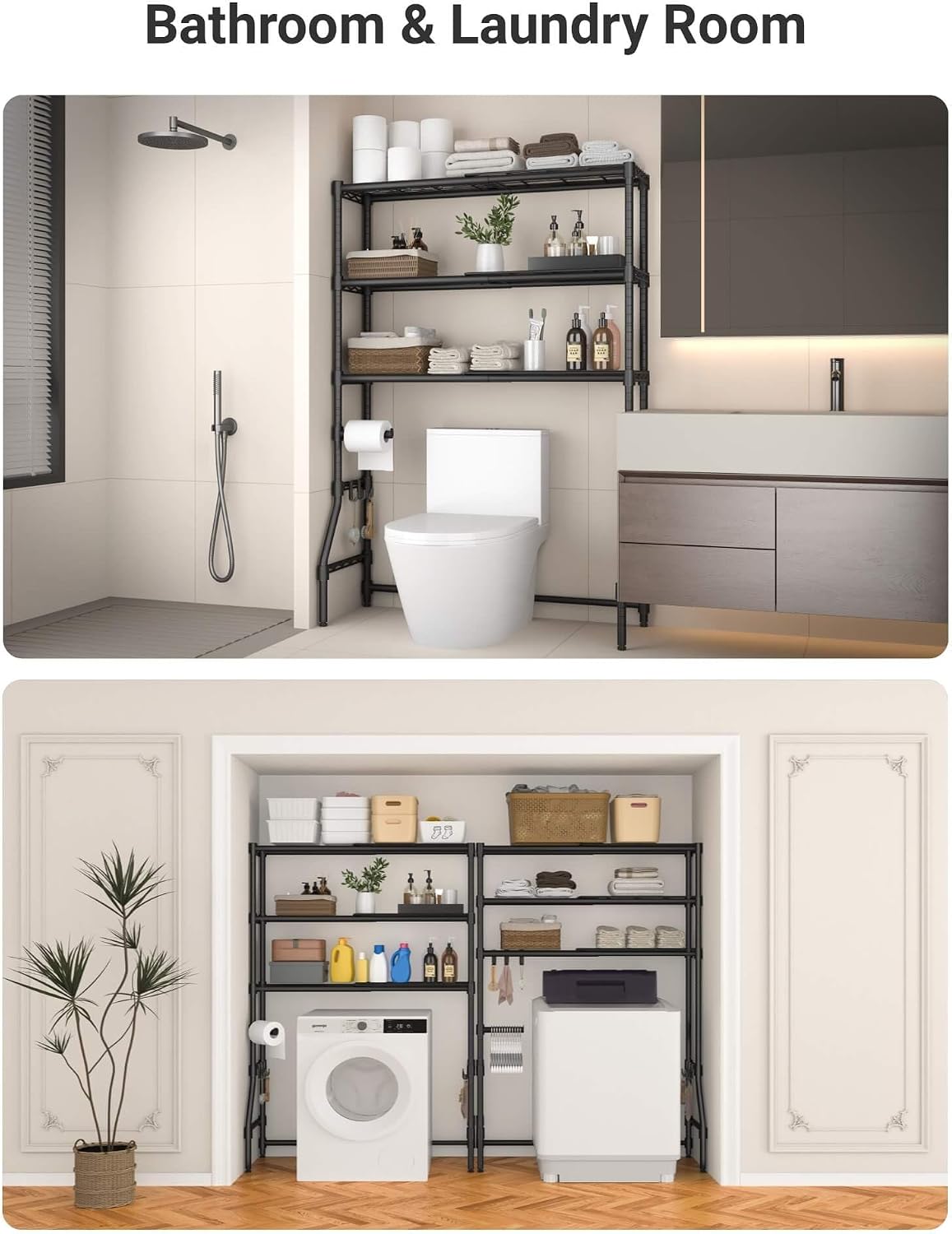 Over The Toilet Storage Rack with Expandable 3-Tier Adjustable Height & Width (22"-38") Bathroom Organizer Shelves Space Saver Above Toilet Over Washer and Dryer Shelf for Laundry Room