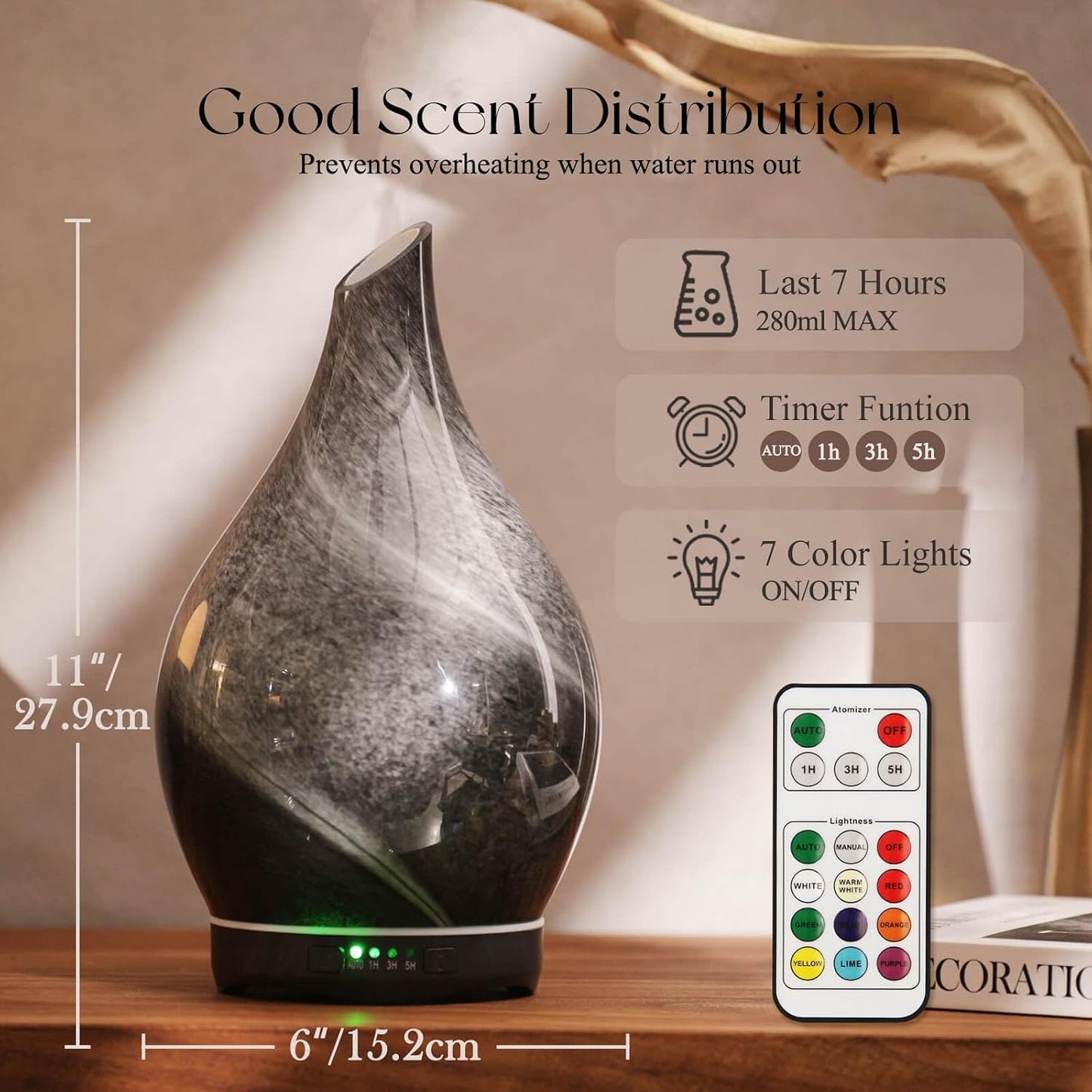 Porseme 280ml Remote Essential Oil Diffuser 3D Glass Ultrasonic Mist 7H | Elegant Handmade Glass Aroma Diffuser with 7-color LEDs, Quiet Aromatherapy and Safe Auto Shut-off, Perfect for Gifts