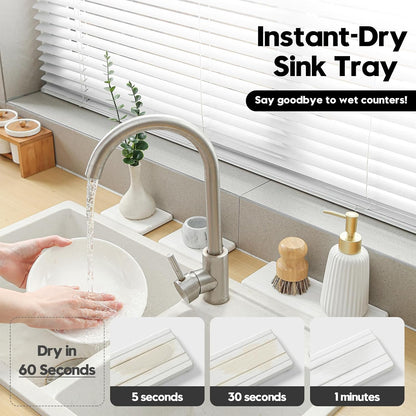 3 Pack Water Absorbent Diatomite Coasters, Stone Drying Mat for Kitchen Counter, Bathroom Sink Organizer Tray, Compact Vanity Rack, Soap Holder Caddy, Faucet Splash Guard, White 8"x3.8"