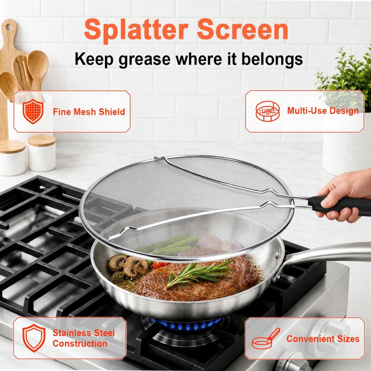 Splatter Screen for Frying Pan 13 Inch - Stainless Steel Grease Splatter Guard - Oil Splash Guard & Fine Mesh Cover for Cooking Bacon, Fried Chicken & Popcorn