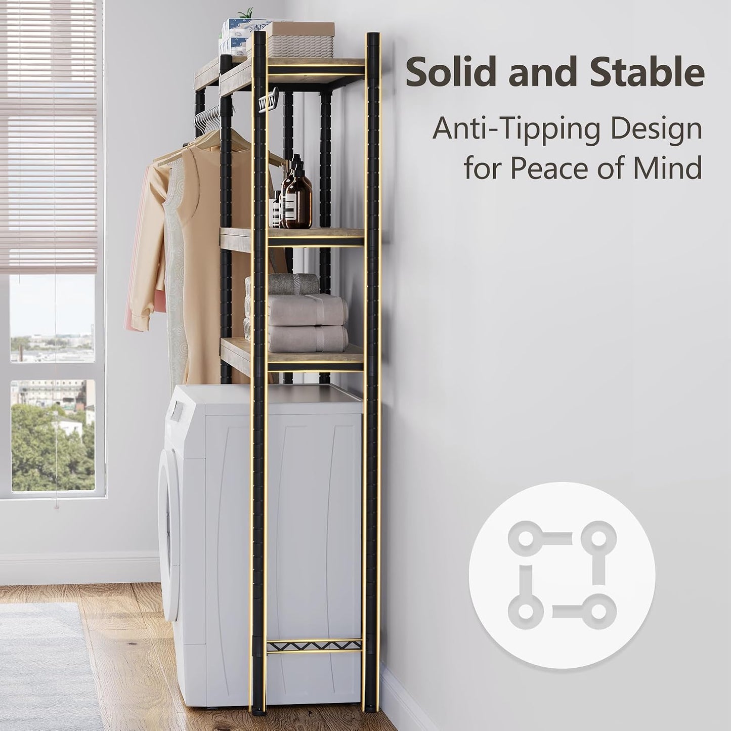 IDEALHOUSE Laundry Room Organization and Storage,5 Tier Wood Over The Washer and Dryer Storage Shelf with Drying Clothes Racks,Space Saver Heavy Duty Bathroom Laundry Shelf for Home Storage and Decor
