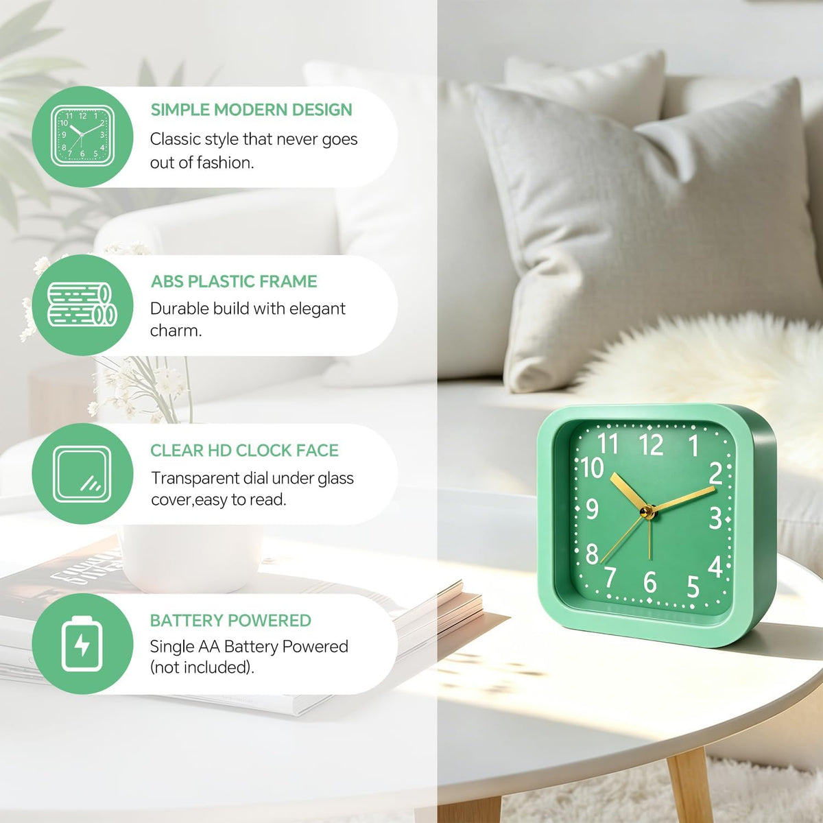 Loud Alarm Clock for Heavy Sleepers, 4.5" Simple Square Analog Alarm Clocks with Silent Movement Battery Operated Easy-to-Read Dial, Plastic Small Desk Clock for Bedroom Teens Seniors, Black