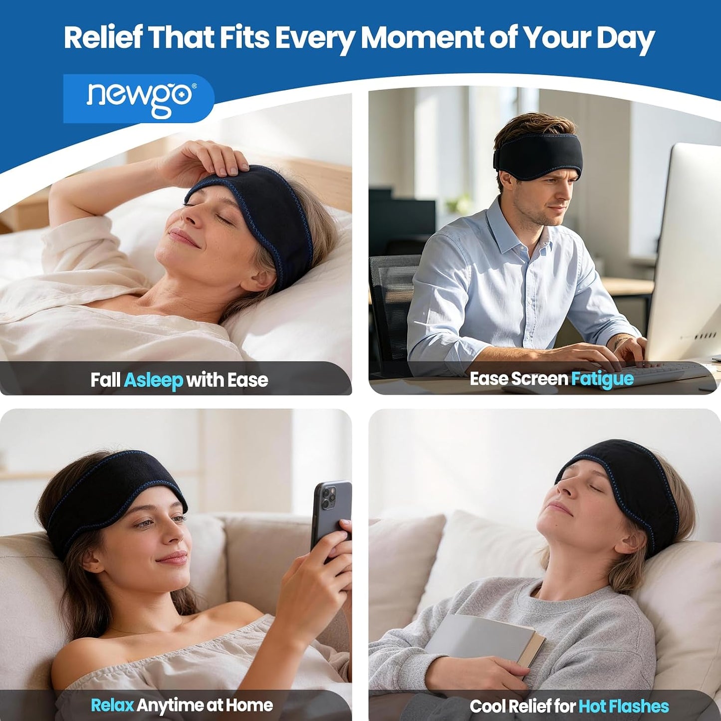 NEWGO Headache Ice Pack Head Wrap for Migraines, FSA Eligible | Reusable Head Ice Wrap, Removable Machine Washable, Soothes Tension Headaches, Sinus Pain, Chemo Discomfort, and Hot Flash