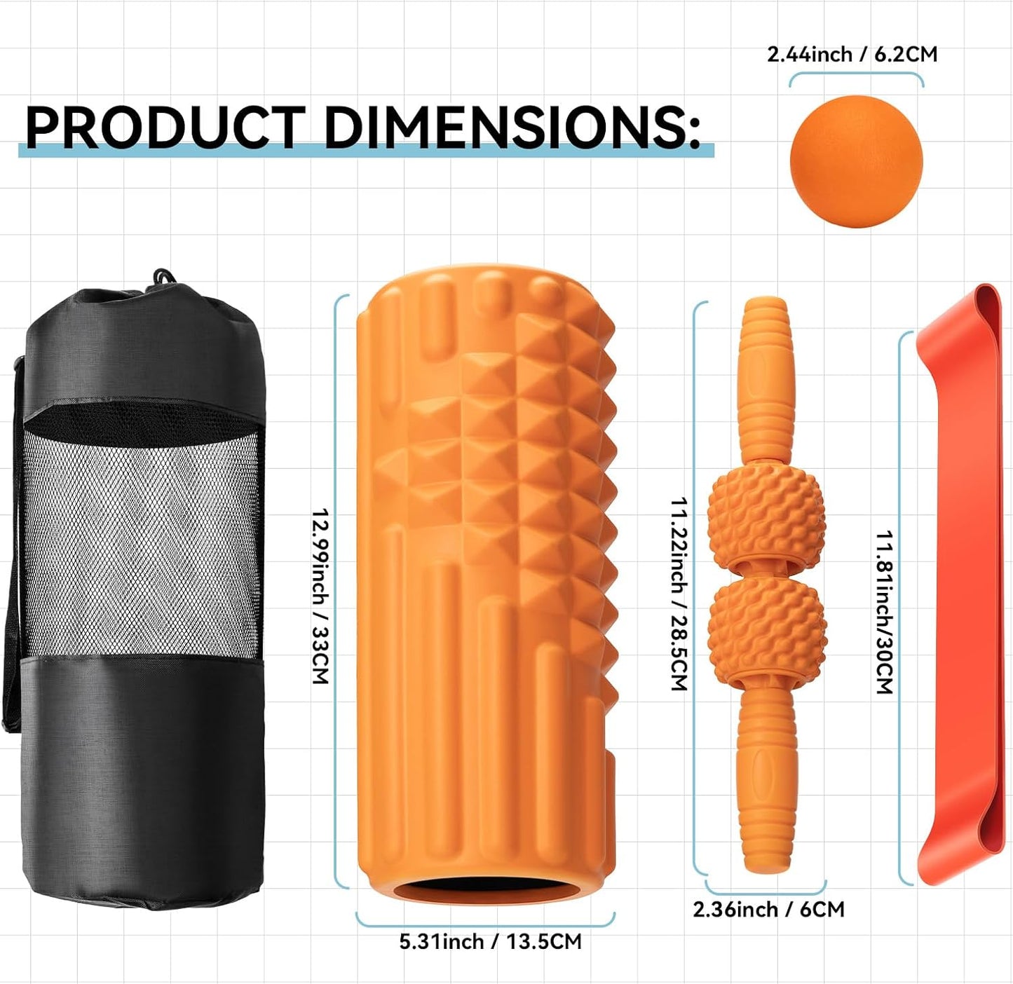 5 in 1 Foam Roller Set, High Density Patented Exercise Roller | Deep Tissue Massage Roller Stick, Massage Ball, Resistance Band for Pilates, Yoga, Whole Body Fitness Exercise, Orange