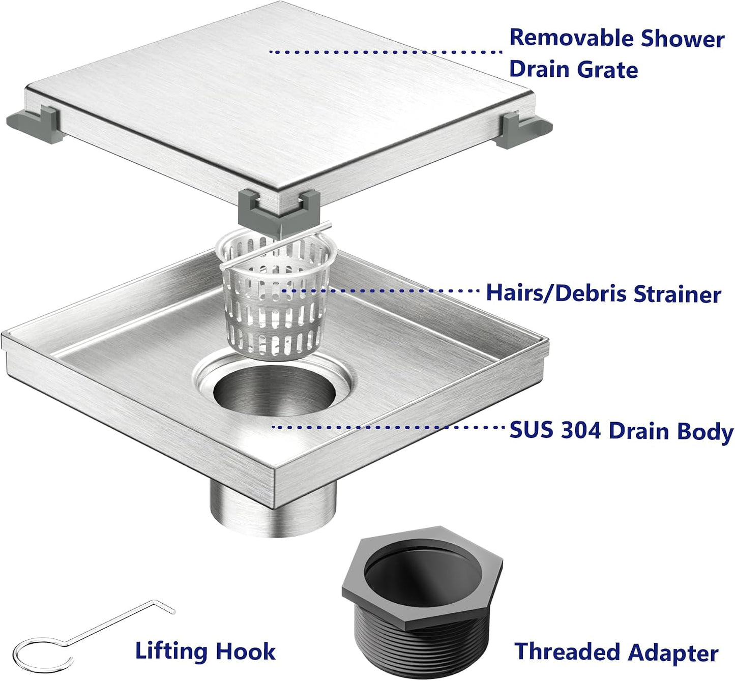 Neodrain 4" Brushed Square Shower Drain with Removable Tile Insert Grate | 304 Stainless Steel Tile Square Drain, Hidden Drain,Easy to Clean, Waterproof & Sturdy Shower Drain, CUPC Certified