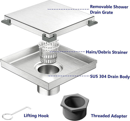 Neodrain 4" Brushed Square Shower Drain with Removable Tile Insert Grate | 304 Stainless Steel Tile Square Drain, Hidden Drain,Easy to Clean, Waterproof & Sturdy Shower Drain, CUPC Certified
